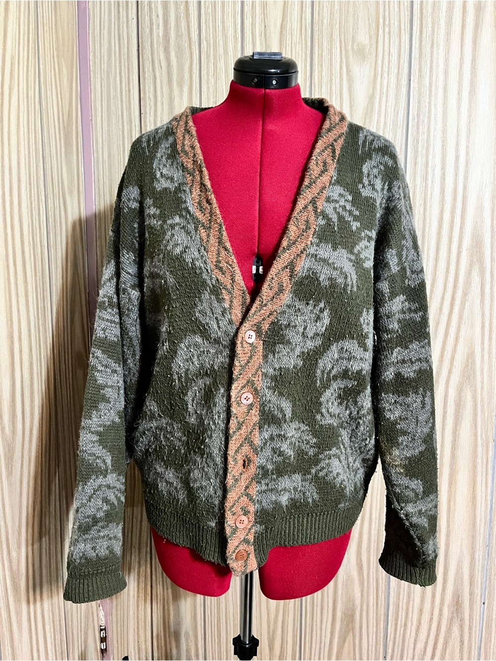 Vintage Stylewise Olive Green Patterned Knit Button Cardigan Sweater Size L